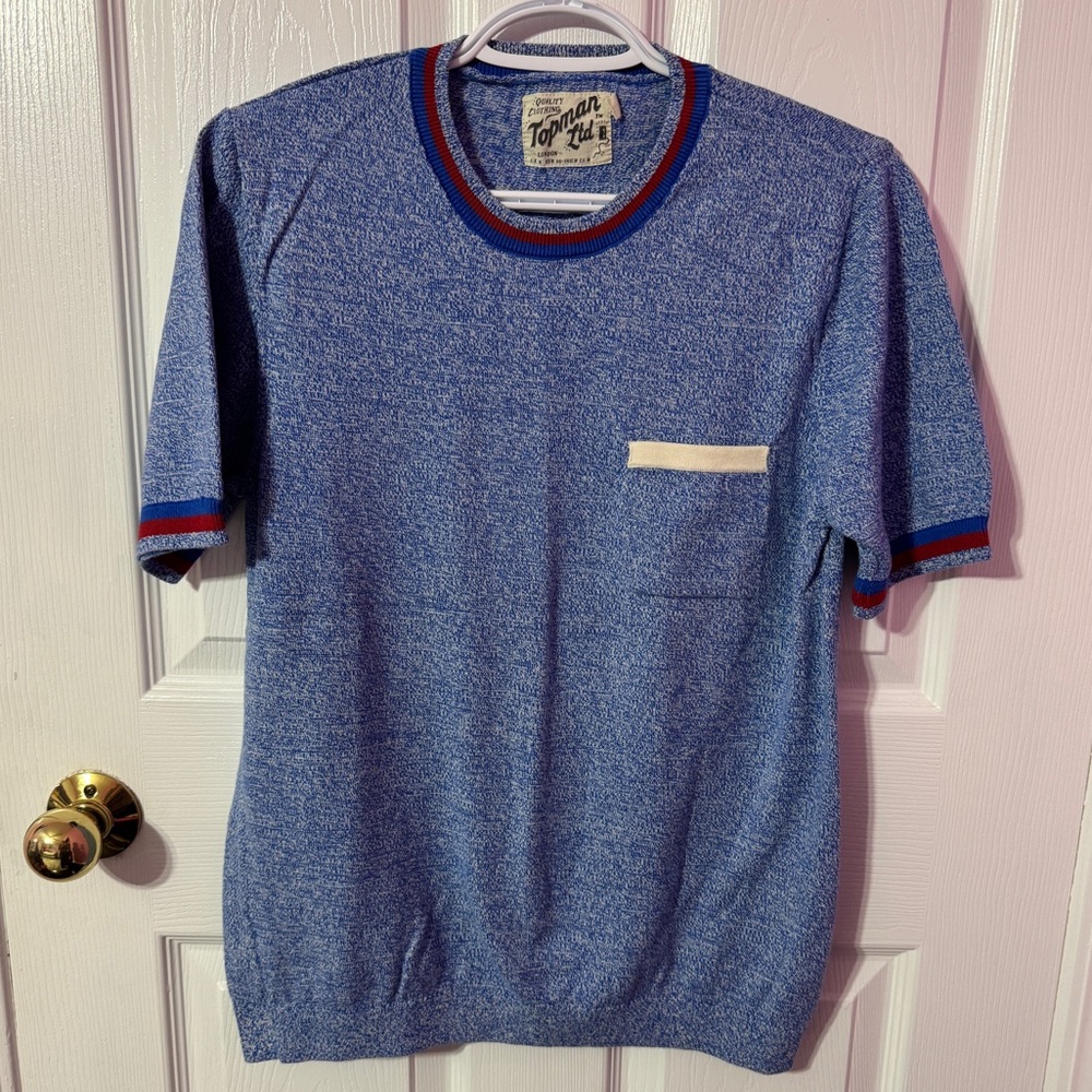 Topman Blue Crewneck Sweater with Red and White Trim
